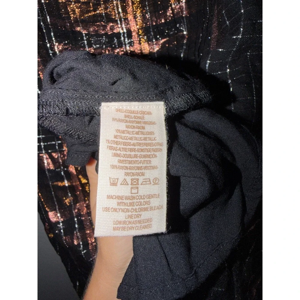 Free People Metallic Plaid Mini Dress Black Copper V-Neck Smocked Back XS